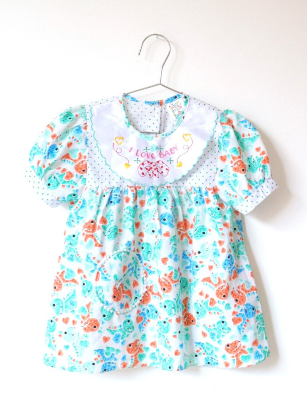 Vintage Dinosaur Green Polka Dot Dress / 24M